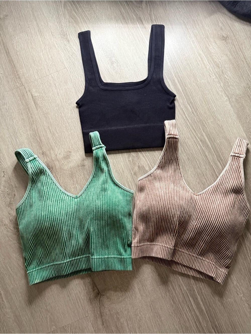 Zenana Bundle of 3 - Ribbed V-Neck Crop Tank Tops - Black, Green, Mocha